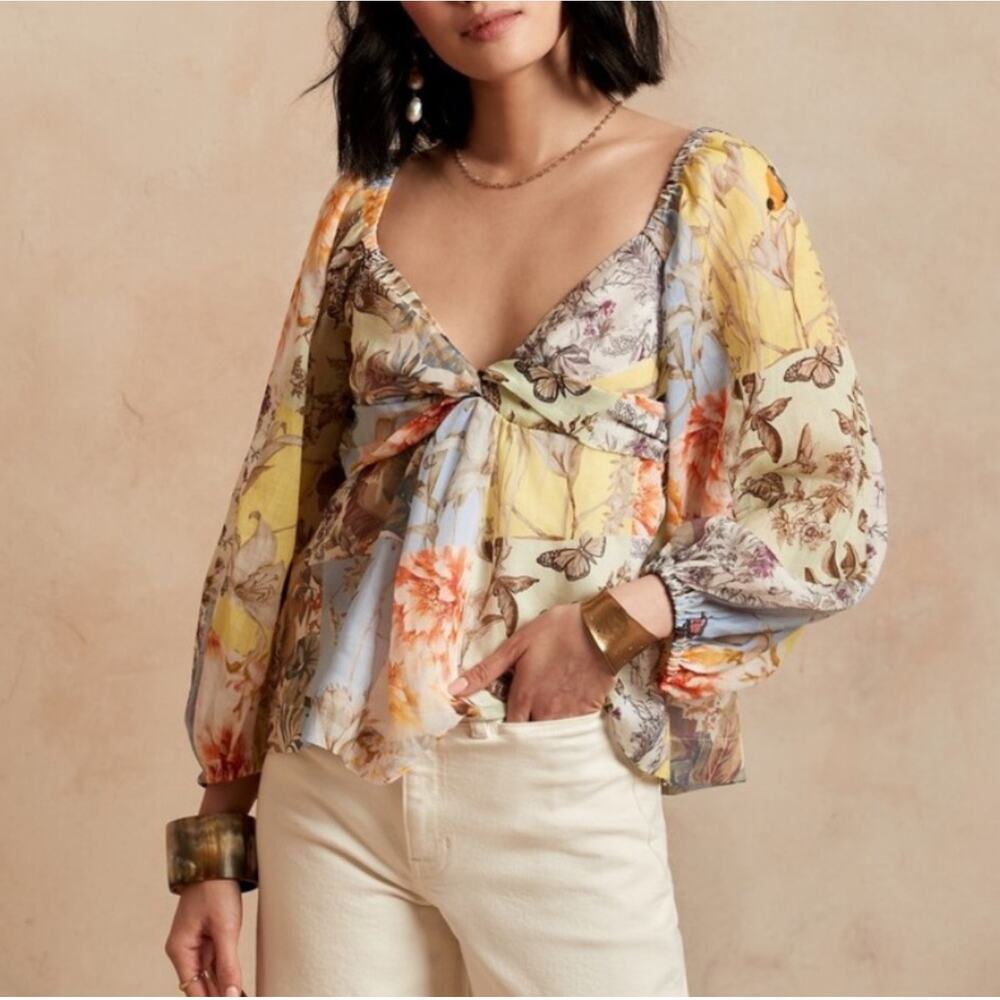 Banana Republic Ramie Twist-Front Blouse colorful whimsical‎ fairy top